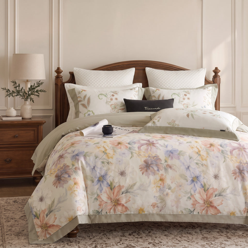Watercolor Floral Duvet Cover Set – Pink Blue & White Bedding with Green Trim