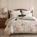 Watercolor Floral Duvet Cover Set – Pink Blue & White Bedding with Green Trim