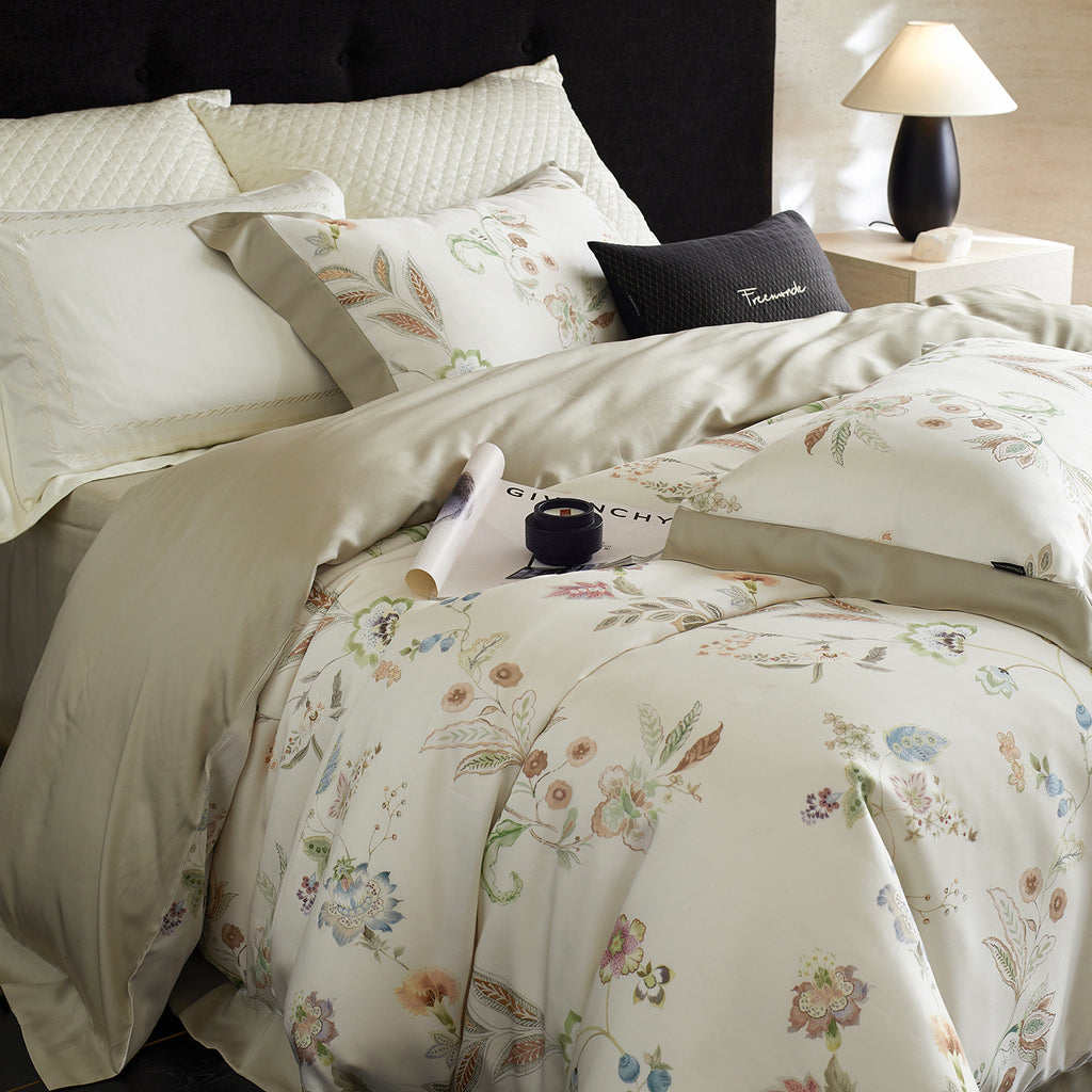 Watercolor Floral Duvet Cover Set – Pink Blue & White Bedding with Green Trim