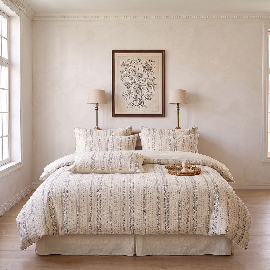 Cream White Stripe Duvet Cover Set – Light Gray Fresh Bedding with Pillowcases