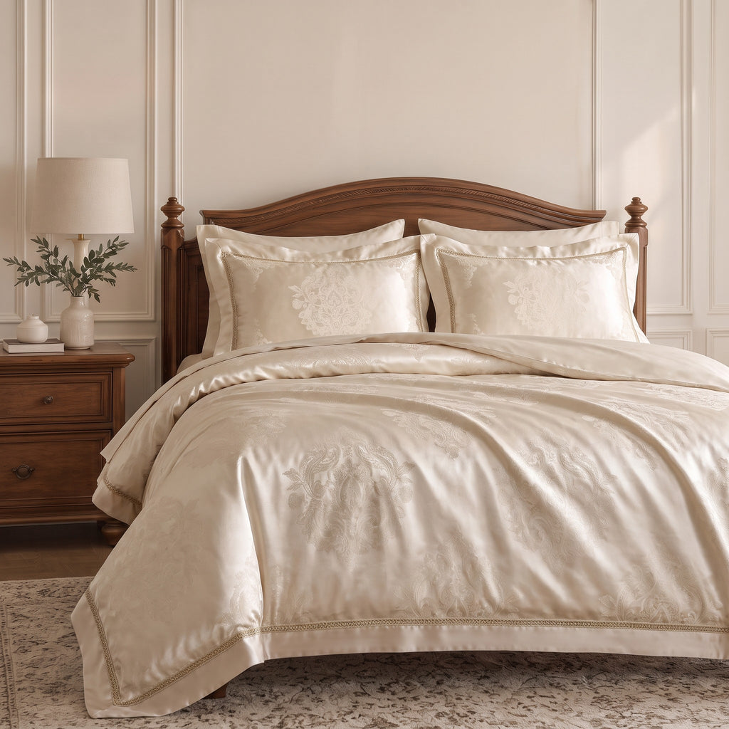 Cream Jacquard Duvet Cover Set – Gold Trim Luxe Bedding with Pillowcases