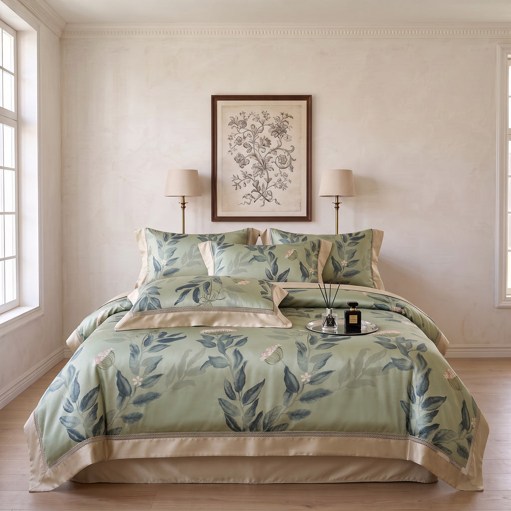 Green Botanical Duvet Cover Set – Pink Floral Bedding with Beige Trim & Pillowcases