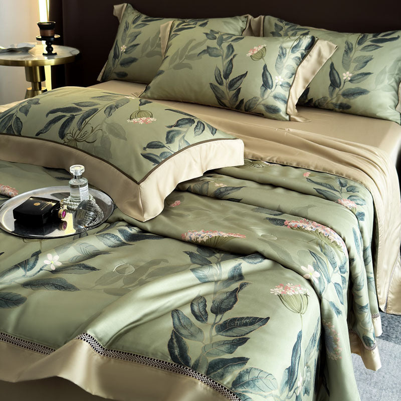 Green Botanical Duvet Cover Set – Pink Floral Bedding with Beige Trim & Pillowcases
