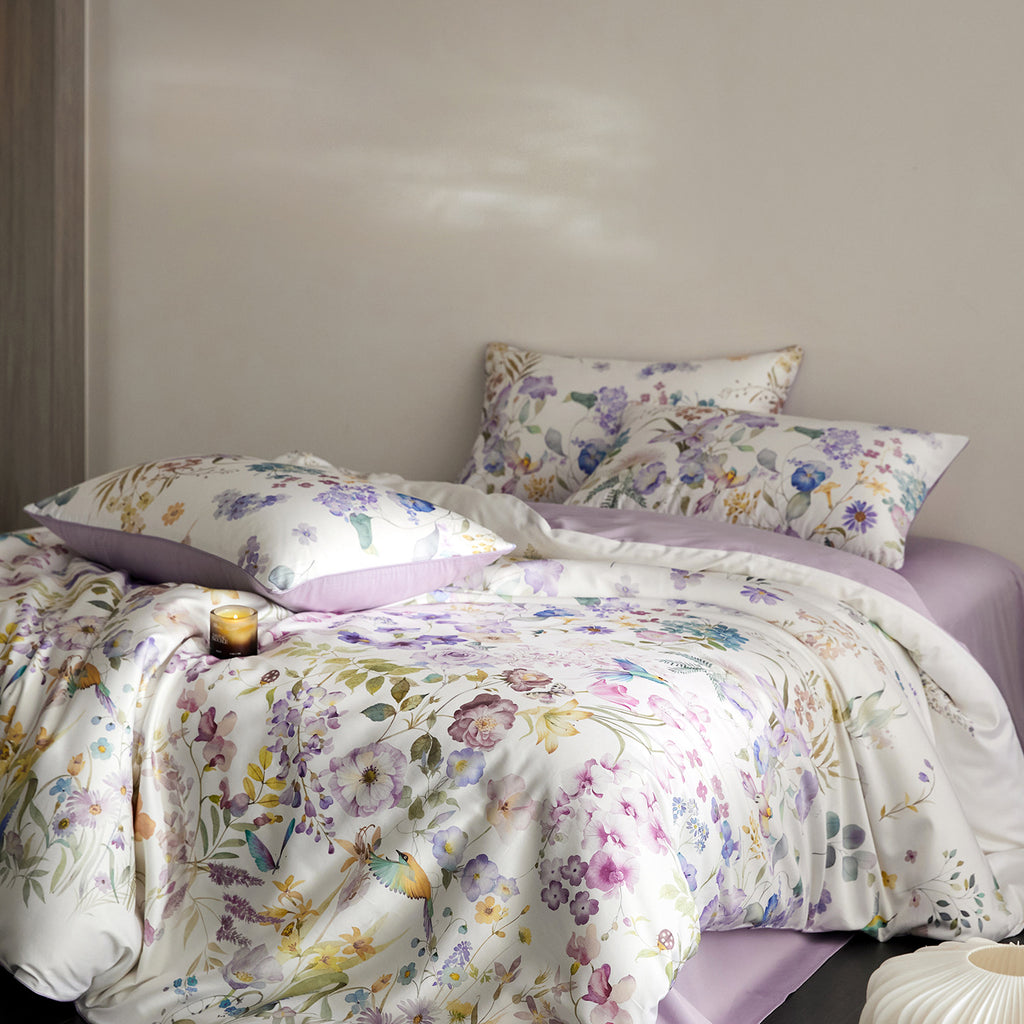 Floral & Bird Duvet Cover Set – Cream Cottage Bedding with Lavender Trim & Pillowcases