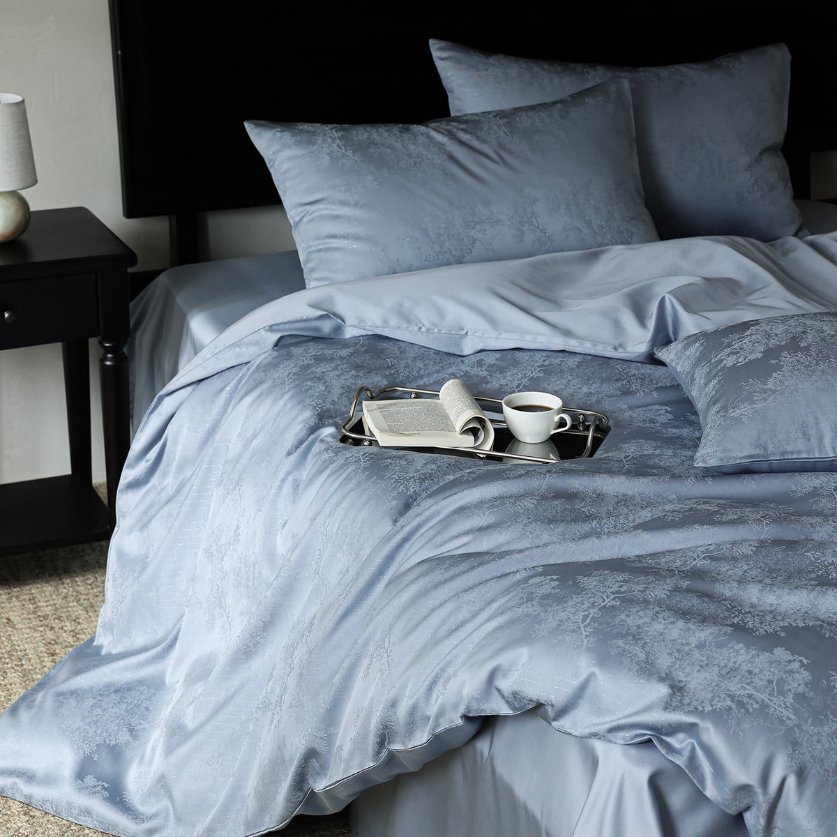 Effortless Chic Fog Blue Floral Illustration Washed Duvet Suite