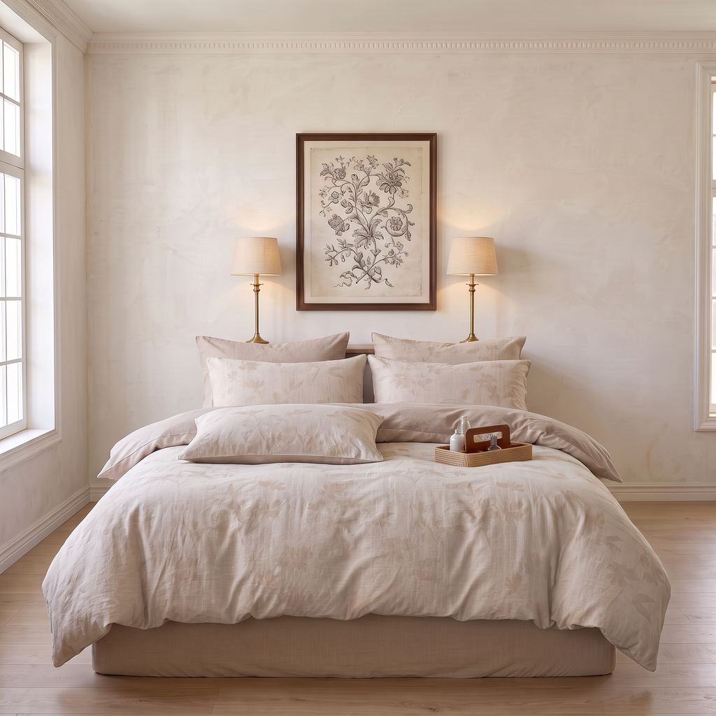 Warm Neutral Earthy Tone Floral Jacquard Duvet Cover