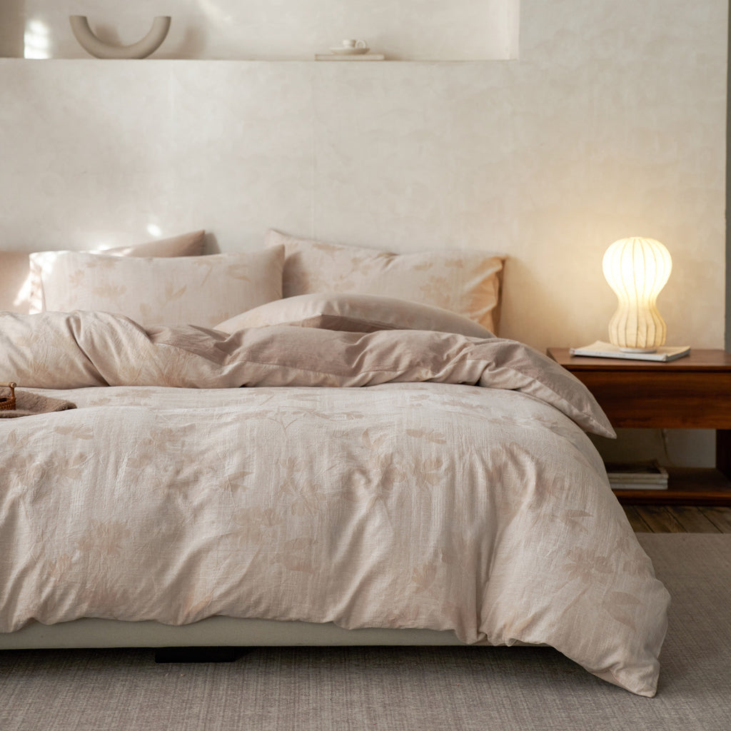 Warm Neutral Earthy Tone Floral Jacquard Duvet Cover