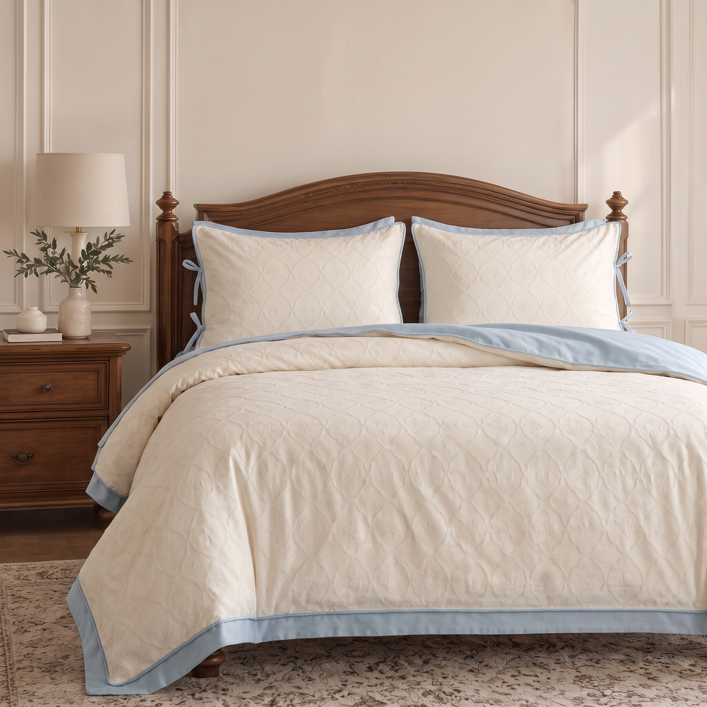 Ethereal Ivory Jacquard Bedding with Elegant Blue Border