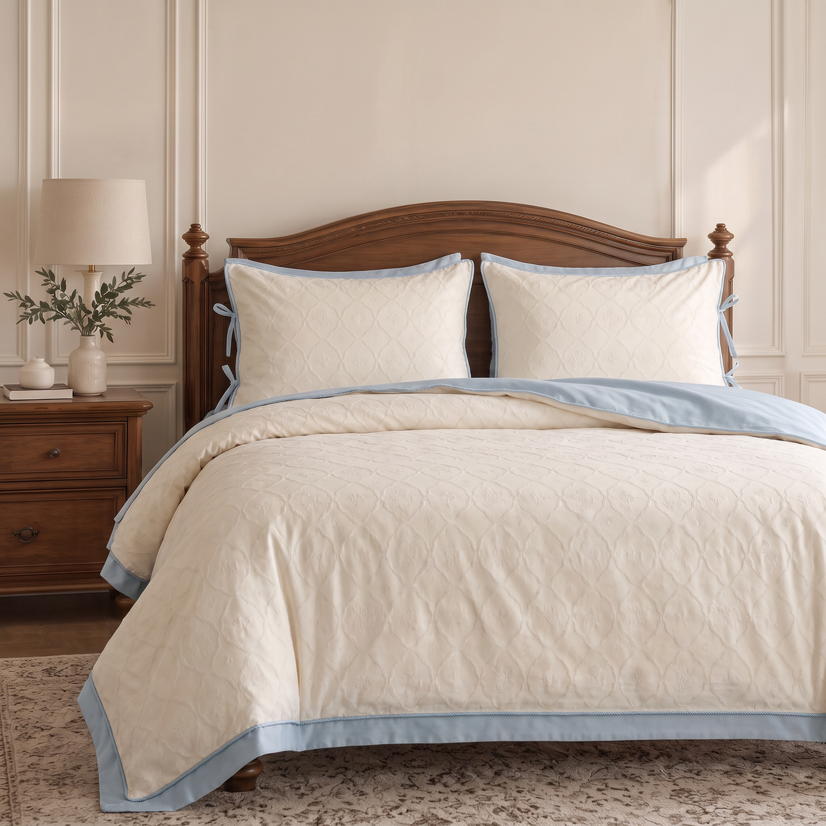 Ethereal Ivory Jacquard Bedding with Elegant Blue Border