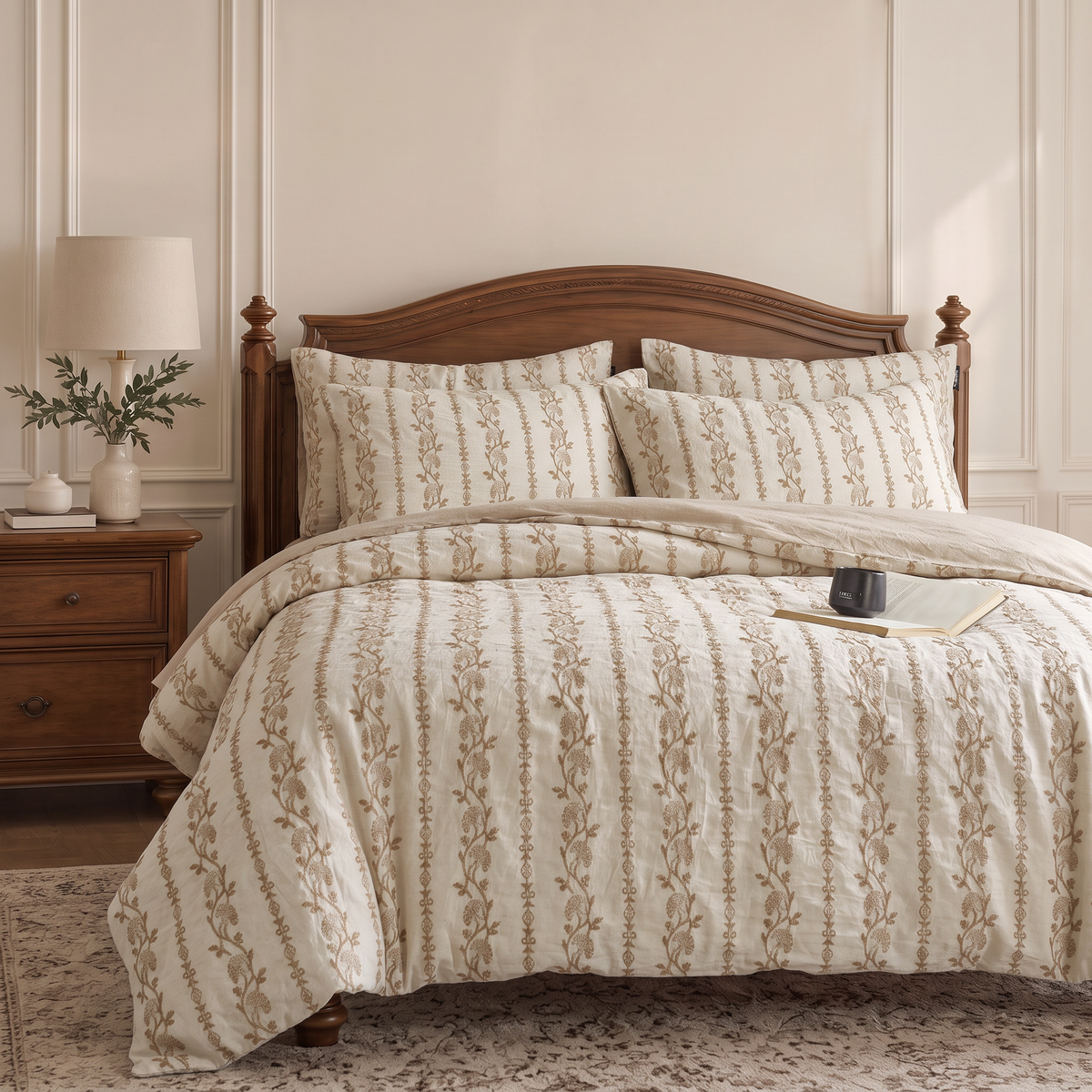 Vintage Floral Stripe Jacquard Bedding Set – Elegant Botanical Duvet Cover Set