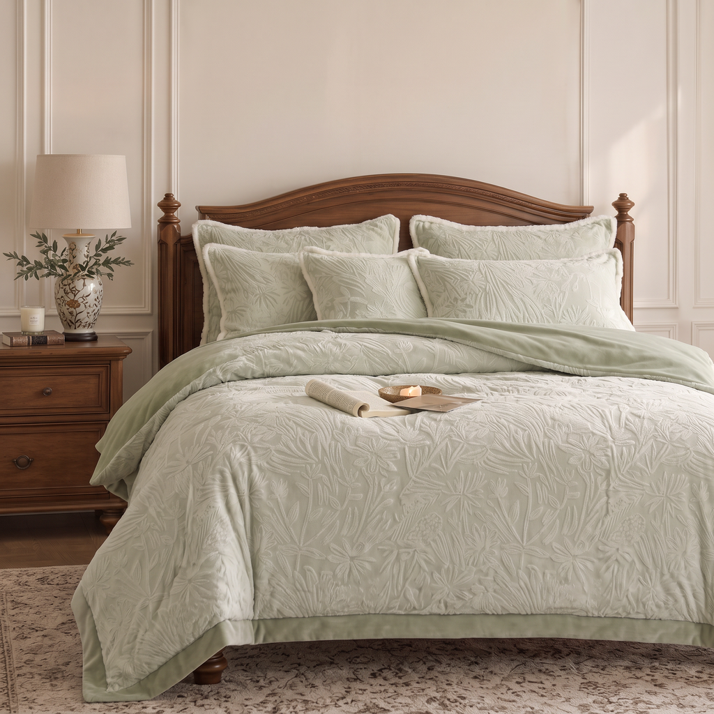 Sage Green Botanical Embossed & Fleece Trim Duvet Cover Set